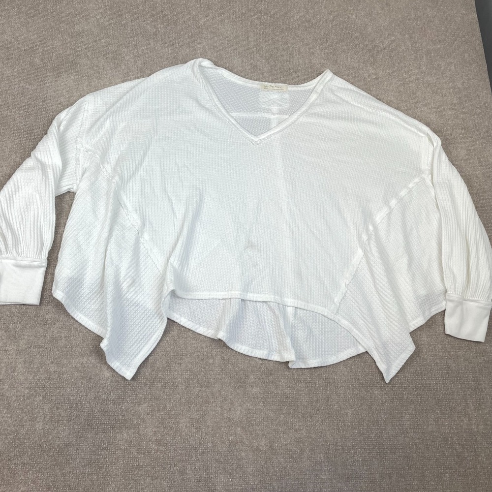 We The Free Shirt Womens Medium White Thermal Waffle Stretch V-Neck Long Sleeve